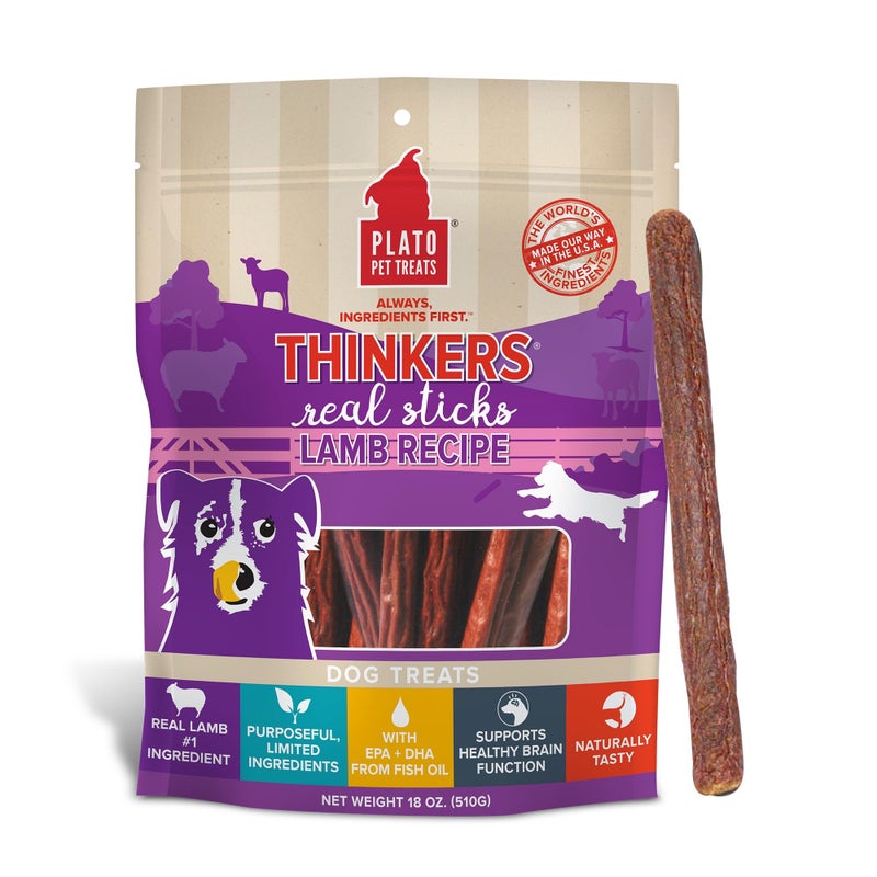 Plato Pet Treats Thinkers - Meat Sticks for Dogs - Limited Ingredient Treats with EPA and DHA to Support Skin, Coat, and Brain - Air-Dried - Lamb 18oz - Image 1
